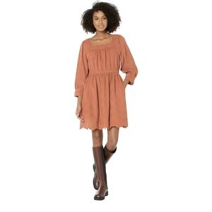 Embroidered Corduroy Square-Neck Mini Dress in Warm Umber